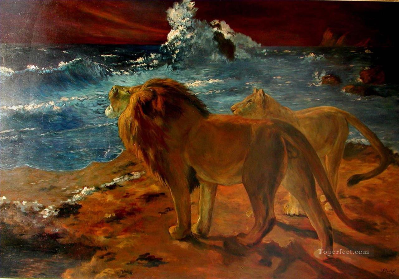 海辺のライオンたち油絵